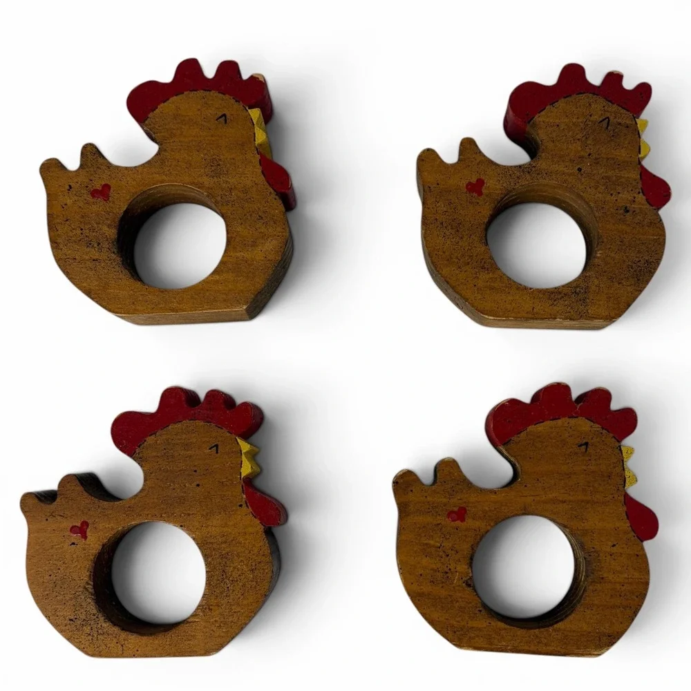 Set‎ of 4 Wooden Chicken Napkin Rings Hand Painted Country Farmhouse Decor Vtg